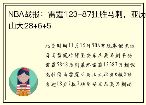 NBA战报：雷霆123-87狂胜马刺，亚历山大28+6+5