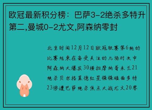 欧冠最新积分榜：巴萨3-2绝杀多特升第二,曼城0-2尤文,阿森纳零封